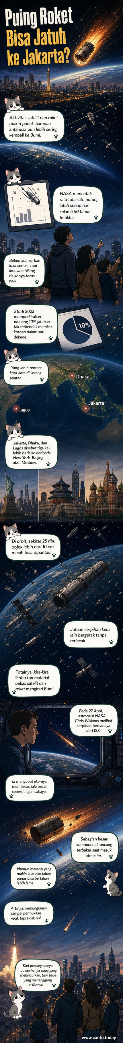 Ilustrasi puing roket jatuh dari langit di atas kota Jakarta, dengan cahaya terang memecah atmosfer dan penduduk menatap ke atas.