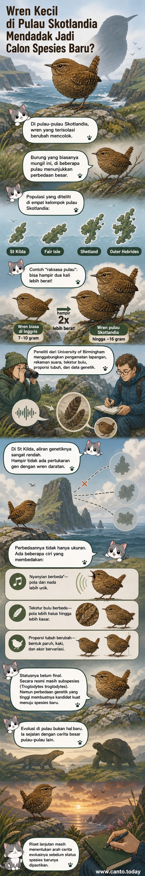 Ilustrasi perbandingan burung wren kecil di daratan dan burung wren lebih besar di Kepulauan Skotlandia, dengan latar pulau berangin dan vegetasi rendah