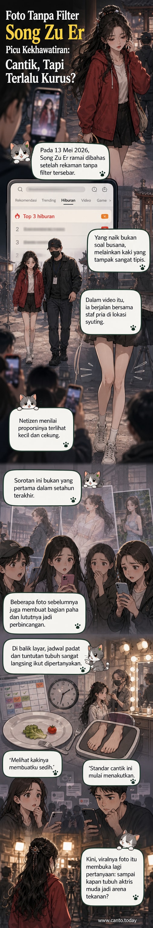 Ilustrasi adegan jalan kaki Song Zu Er keluar dari lokasi syuting, dengan fokus pada bentuk kakinya yang sangat ramping dibandingkan staf pria di sampingnya.