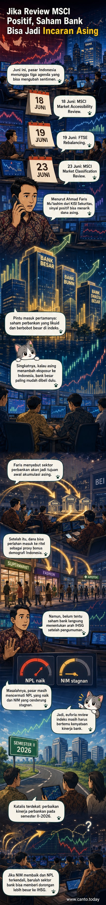 Ilustrasi aliran dana asing masuk ke pasar saham Indonesia, fokus pada sektor perbankan dengan grafik indeks dan ikon bank.