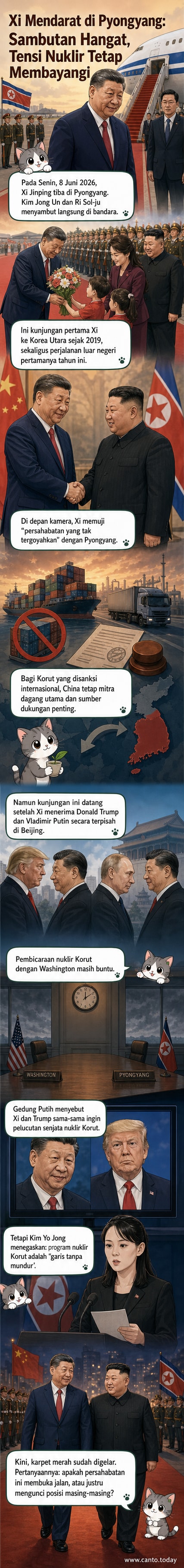 Presiden Tiongkok Xi Jinping dan Presiden Korea Utara Kim Jong Un berjabat tangan di bandara Pyongyang, dikelilingi perwira militer dan anak-anak yang membawa bunga, dengan bendera kedua negara berkibar di latar belakang.