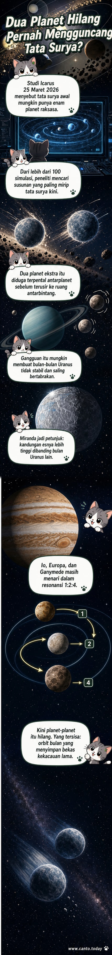 Ilustrasi dua planet raksasa bergerak liar di tata surya awal, mengganggu orbit bulan-bulan Uranus sebelum terlempar ke luar sistem.