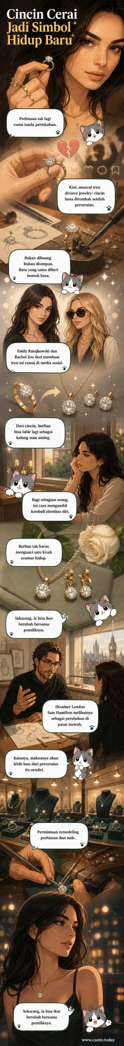 Ilustrasi perhiasan yang diubah dari cincin pernikahan menjadi kalung atau anting, melambangkan transformasi identitas setelah perceraian.