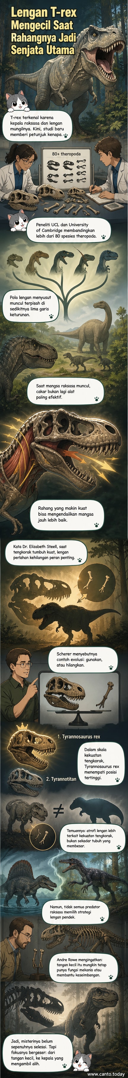 Ilustrasi dinosaurus T-rex dengan kepala besar dan lengan kecil, latar belakang hutan purba.