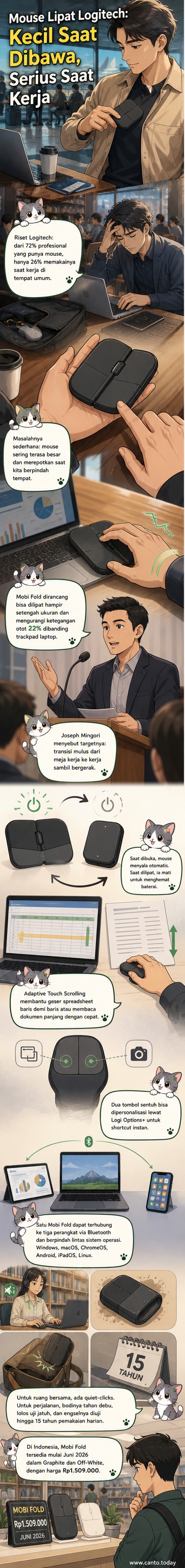 Mouse lipat Logitech Mobi Fold dalam posisi terbuka dan tertutup, menunjukkan ukuran kecil dan desain ergonomis yang modern.