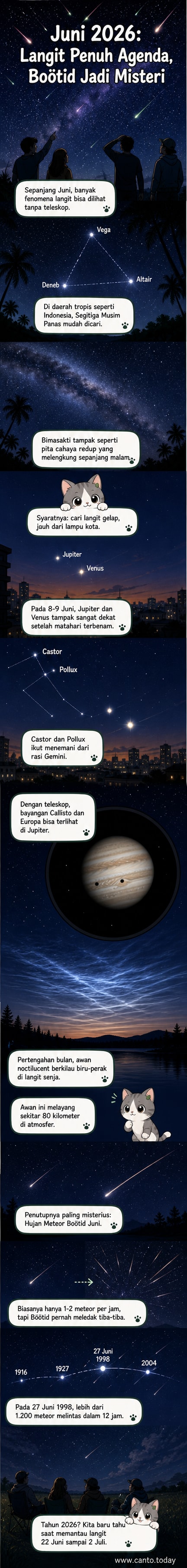 Ilustrasi langit malam dengan bintang-bintang terang membentuk Segitiga Musim Panas, planet Venus dan Jupiter berdekatan di cakrawala, dan meteor jatuh dari rasi Boötes.