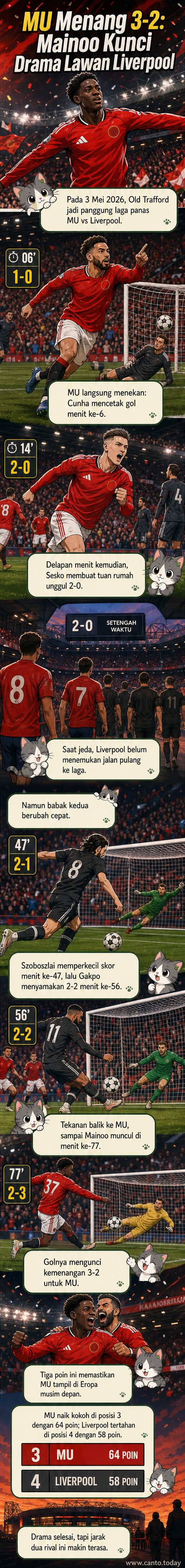 Pemain Manchester United merayakan gol dengan membentangkan tangan setelah mencetak gol penentu kemenangan 3-2 atas Liverpool di Old Trafford.