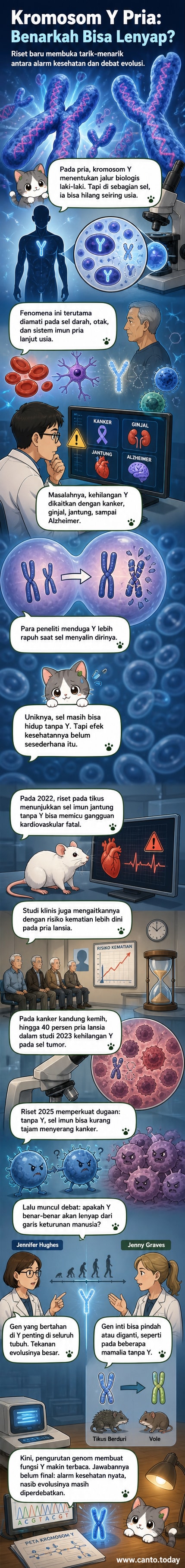 Ilustrasi kromosom Y yang memudar dari sel manusia, dengan latar belakang struktur DNA dan sel tubuh.