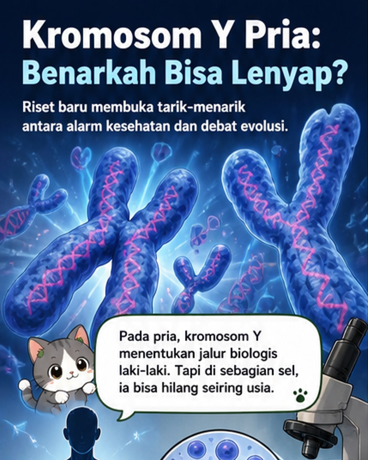 Ilustrasi kromosom Y yang memudar dari sel manusia, dengan latar belakang struktur DNA dan sel tubuh.