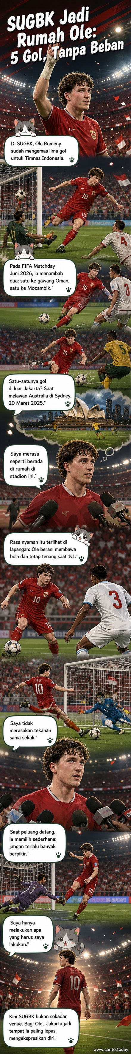 Penyerang Timnas Indonesia, Ole Romeny, merayakan golnya di Stadion Utama Gelora Bung Karno dengan penuh kebebasan dan senyuman, menggambarkan perasaan seperti di rumah.