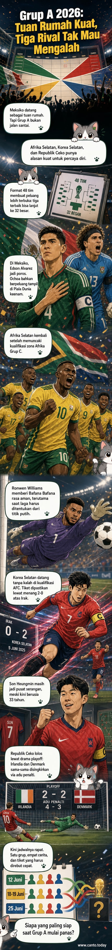 Empat bendera negara—Meksiko, Korea Selatan, Afrika Selatan, dan Republik Ceko—terpampang di sekitar bola Piala Dunia 2026, menggambarkan ketatnya persaingan di Grup A.