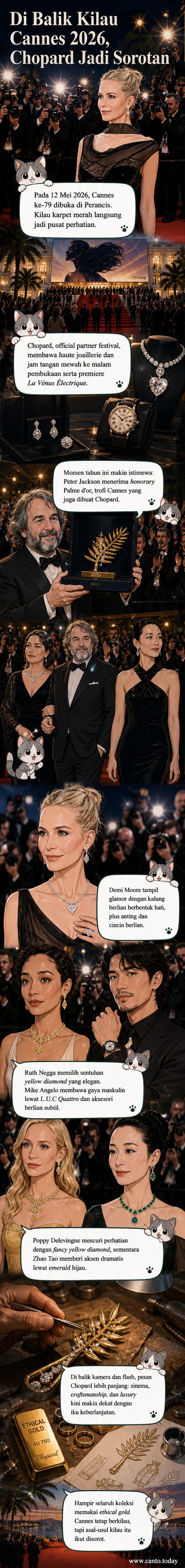 Karpet merah Festival Film Cannes 2026 dengan para bintang dunia mengenakan perhiasan Chopard, termasuk Demi Moore dengan kalung berlian besar dan Zhao Tao dengan perhiasan emerald hijau.
