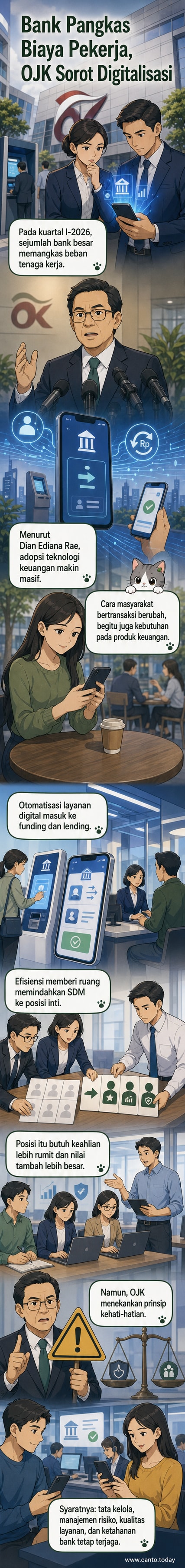 Ilustrasi perbankan digital dengan layar otomatis dan karyawan yang berkurang, menggambarkan efisiensi tenaga kerja di tengah digitalisasi.