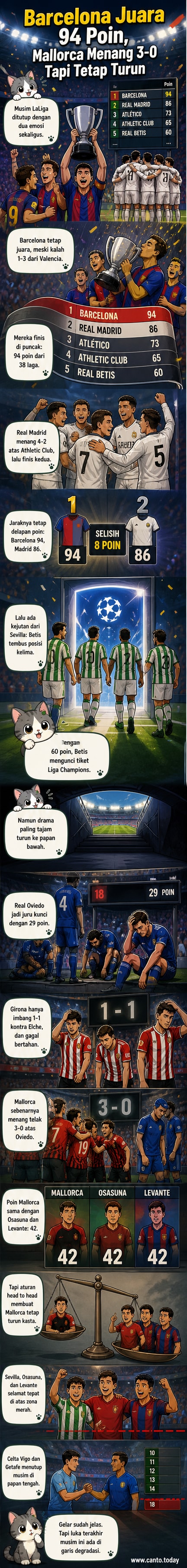 Ilustrasi tim sepak bola dengan warna biru-merah FC Barcelona di puncak podium, sementara dua tim lainnya digambarkan turun dari tangga klasemen dengan ekspresi kecewa.