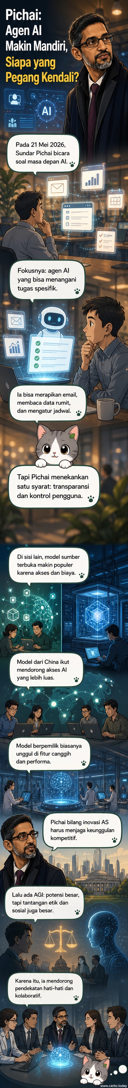 Ilustrasi CEO Google Sundar Pichai berbicara di depan layar digital yang menampilkan asisten AI humanoid sedang menangani tugas seperti menulis email, mengatur jadwal, dan menganalisis data.