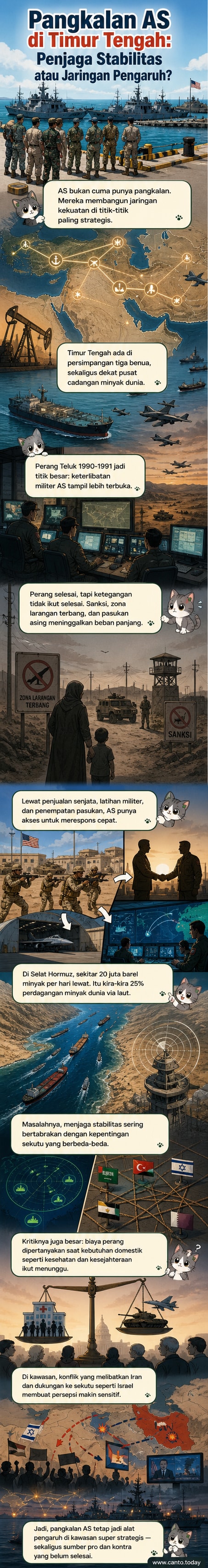 Ilustrasi pangkalan militer Amerika Serikat di Timur Tengah dengan latar belakang peta strategis dan kapal perang.