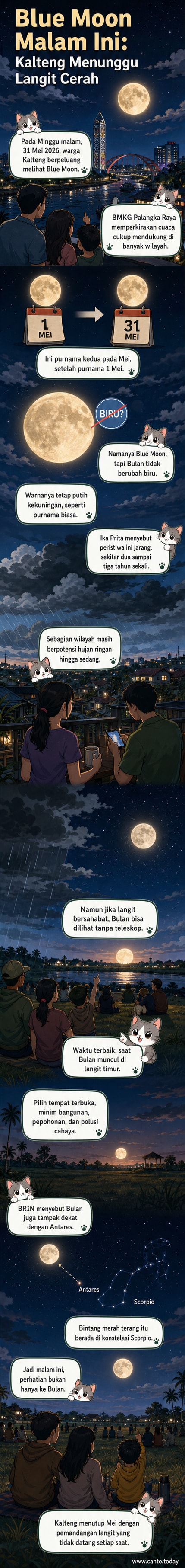 Ilustrasi Bulan purnama berwarna kebiruan di langit malam Kalimantan Tengah, dengan bintang Antares bersinar terang di dekatnya.