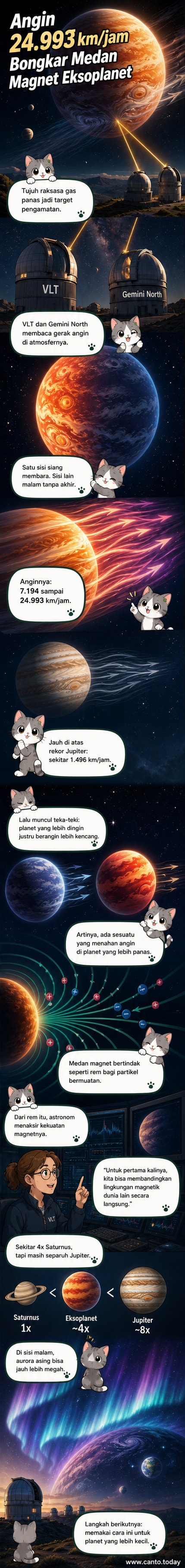 Ilustrasi eksoplanet raksasa gas dengan medan magnet yang kuat dan angin super cepat, dikelilingi aurora warna-warni di langit malam abadi.