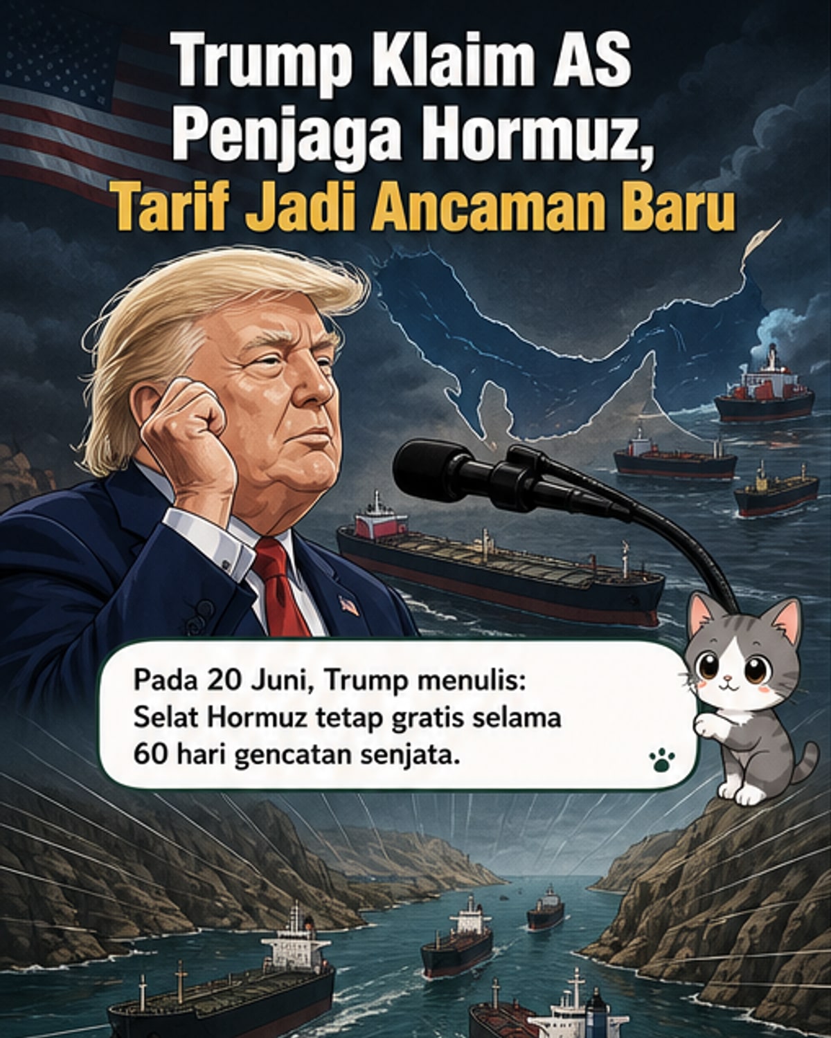 Ilustrasi kapal perang AS berpatroli di Selat Hormuz dengan latar belakang kapal tanker dan simbol minyak, menggambarkan ketegangan geopolitik atas jalur maritim strategis.