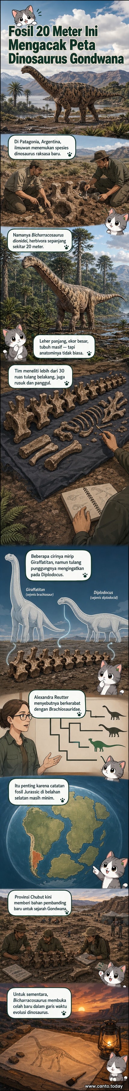 Ilustrasi dinosaurus Bicharracosaurus dionidei dengan leher panjang berdiri di dataran Patagonia, Argentina, dengan latar gurun dan pegunungan.