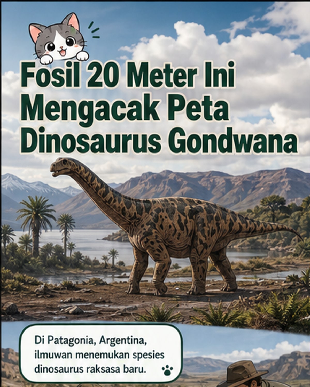 Ilustrasi dinosaurus Bicharracosaurus dionidei dengan leher panjang berdiri di dataran Patagonia, Argentina, dengan latar gurun dan pegunungan.