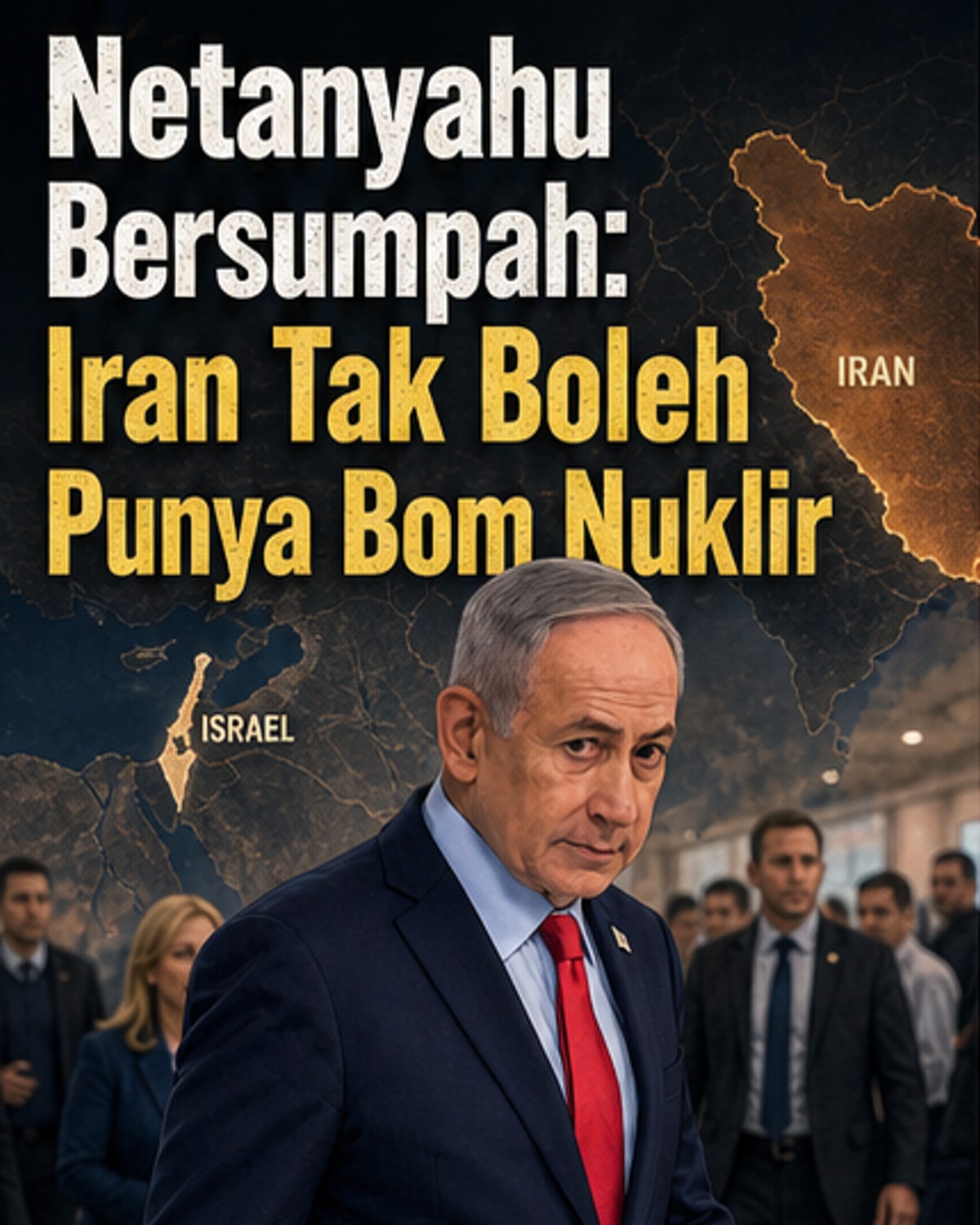 Ilustrasi PM Israel Netanyahu berpidato dengan latar konflik Timur Tengah, simbol nuklir, dan peta Iran-Lebanon.