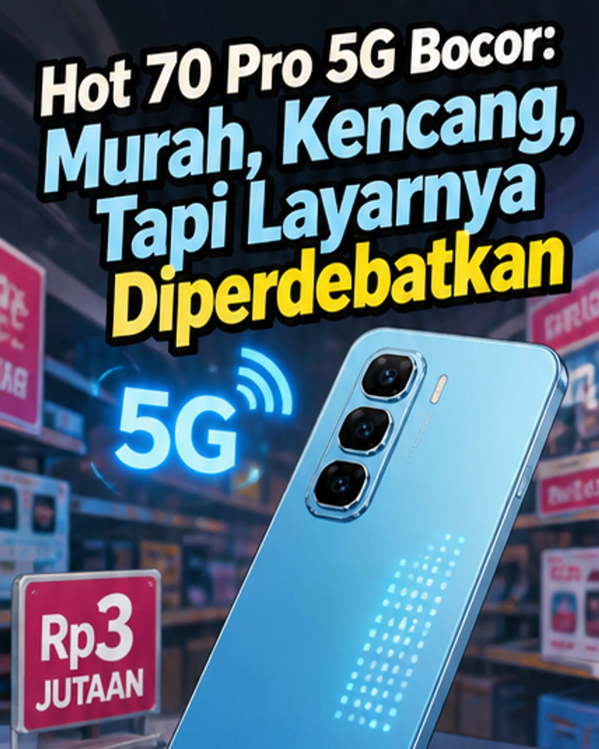 Ilustrasi ponsel Infinix Hot 70 Pro 5G dengan layar besar, tiga kamera belakang vertikal, dan fitur Matrix Display menyala di bodi belakang.