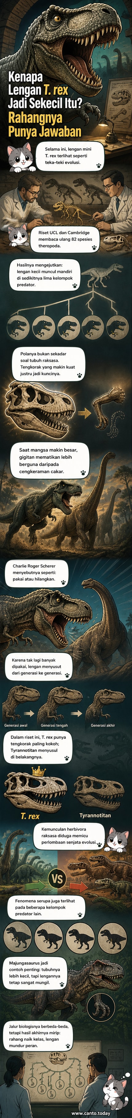 Ilustrasi dinosaurus T-Rex dengan tubuh besar, rahang kuat, dan lengan pendek di lingkungan purba, disertai panah evolusi yang menunjukkan perbandingan dengan spesies theropoda lainnya.