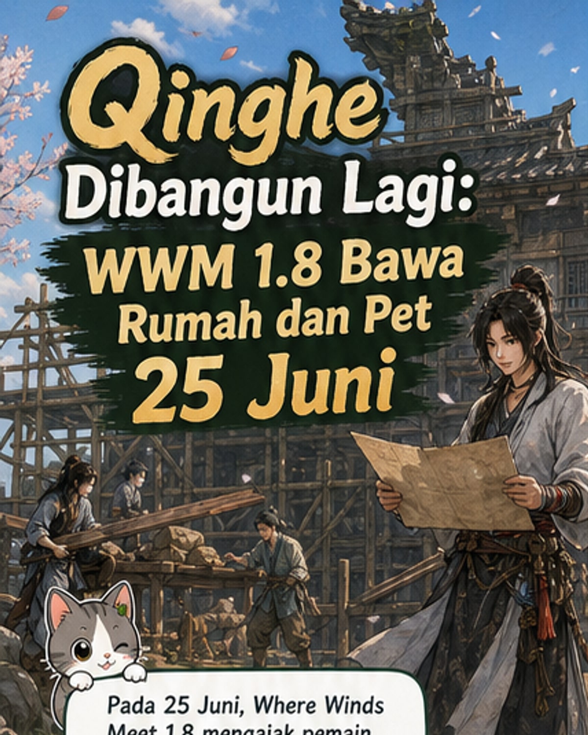 Ilustrasi karakter dalam game Where Winds Meet sedang membangun rumah dan bermain dengan kucing serta angsa di desa Qinghe.