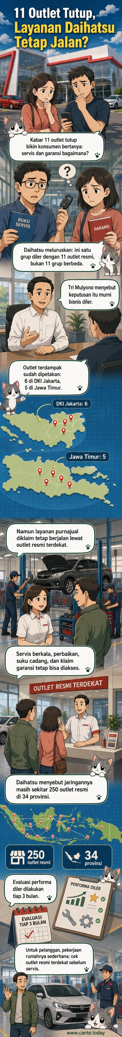Ilustrasi bengkel resmi Daihatsu dengan mekanik sedang memeriksa mobil, latar belakang menunjukkan penutupan beberapa outlet namun layanan tetap berjalan.