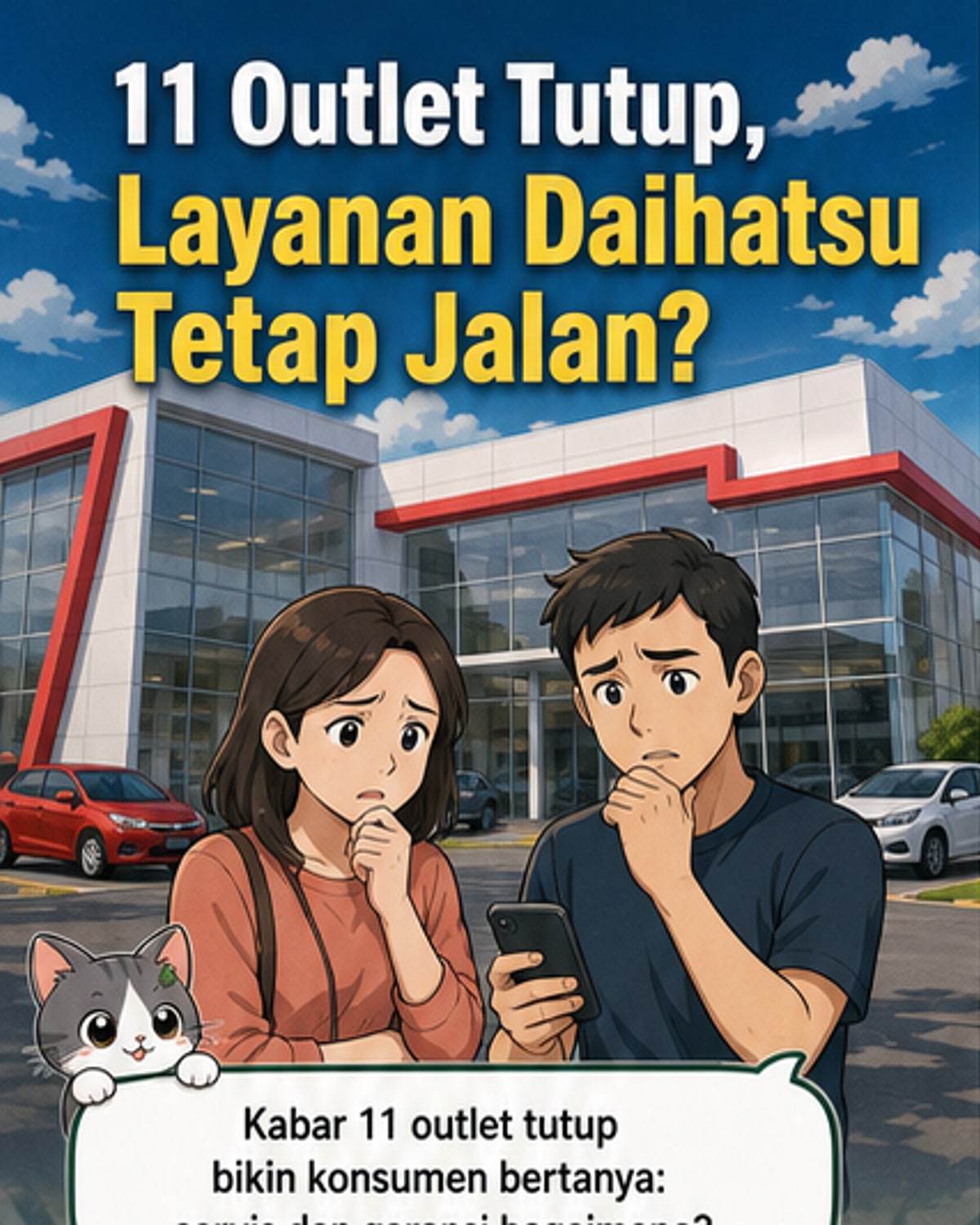 Ilustrasi bengkel resmi Daihatsu dengan mekanik sedang memeriksa mobil, latar belakang menunjukkan penutupan beberapa outlet namun layanan tetap berjalan.