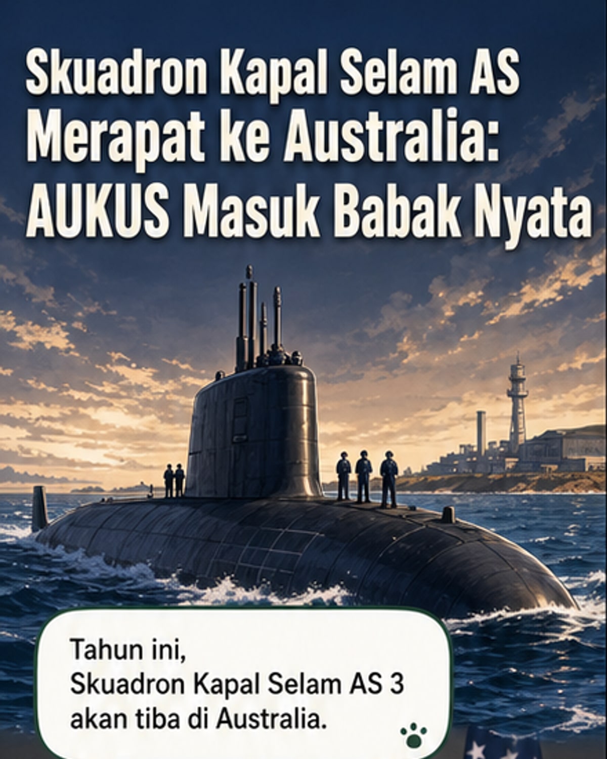 Ilustrasi kapal selam bertenaga nuklir Amerika Serikat berlabuh di pelabuhan angkatan laut Australia, dengan latar belakang kapal perang dan aktivitas militer.