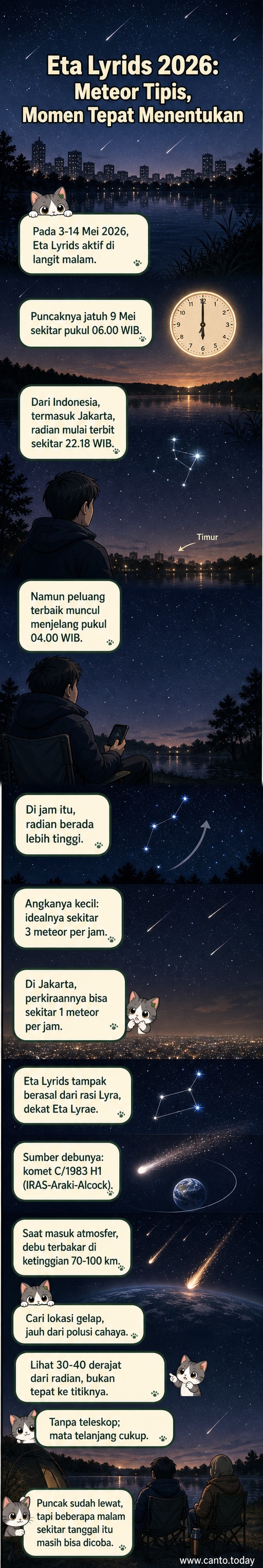Ilustrasi langit malam dengan lintasan meteor Eta Lyrids dari rasi Lyra, dilihat dari area gelap di Indonesia