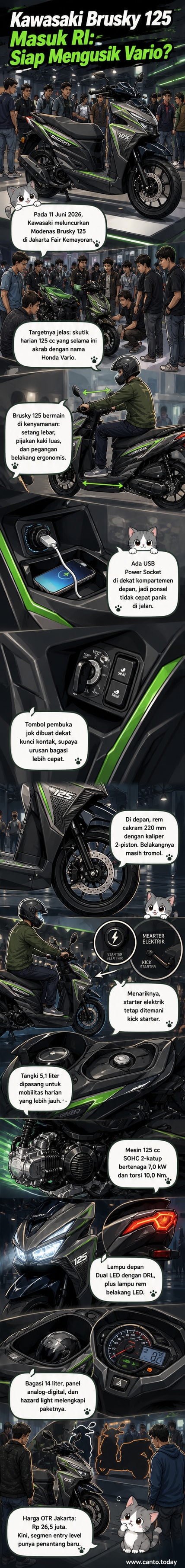 Skuter Kawasaki Brusky 125 berwarna hitam mengilap dipajang di stan pameran dengan latar terang, menampilkan desain modern dan fitur lampu LED.