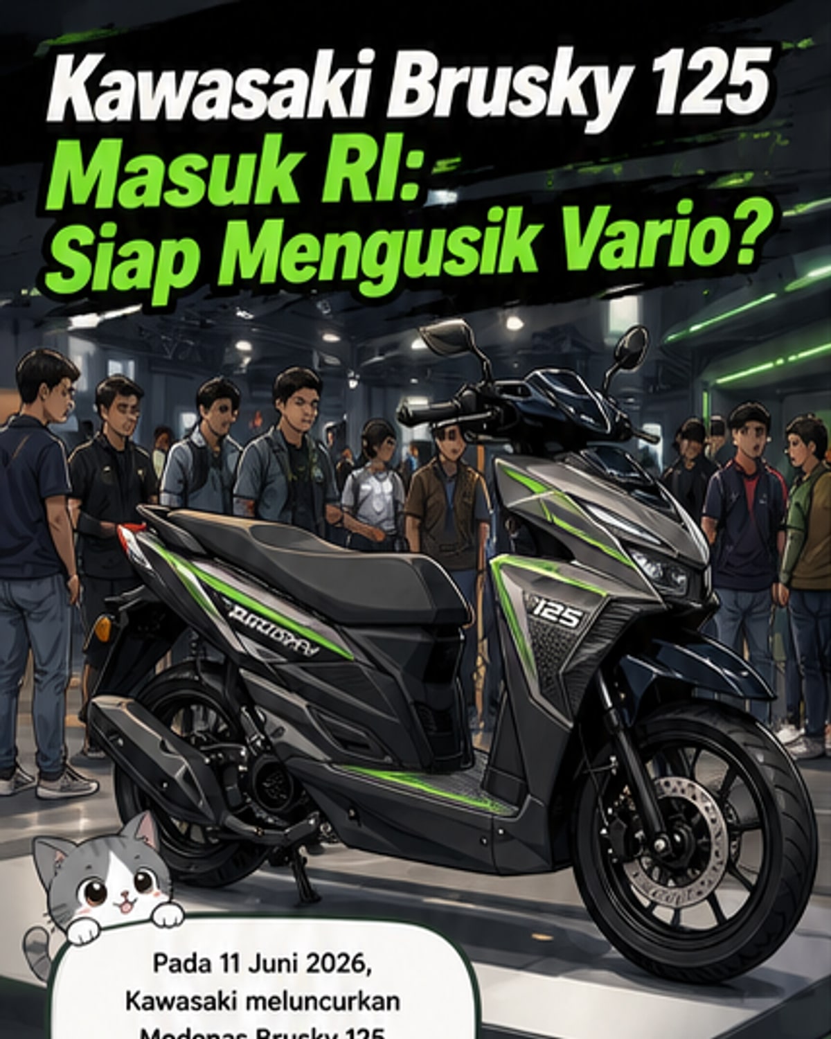 Skuter Kawasaki Brusky 125 berwarna hitam mengilap dipajang di stan pameran dengan latar terang, menampilkan desain modern dan fitur lampu LED.