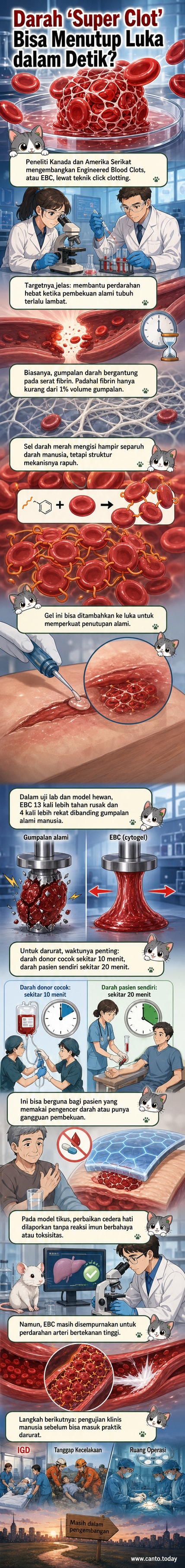 Ilustrasi sel darah merah yang diikat menjadi struktur gel kuat untuk menutup luka, mewakili teknologi 'click clotting' dalam pembekuan darah buatan.