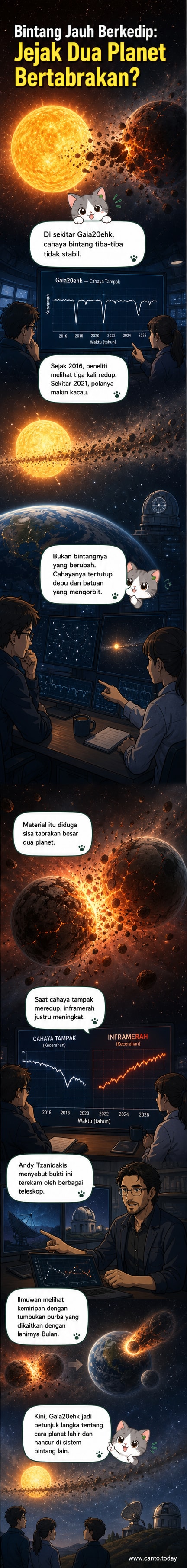 Ilustrasi dua planet bertabrakan di luar Tata Surya, menghasilkan ledakan debu dan pecahan yang mengorbit bintang jauh, dengan cahaya bintang yang berkedip-kedip terhalang oleh puing.