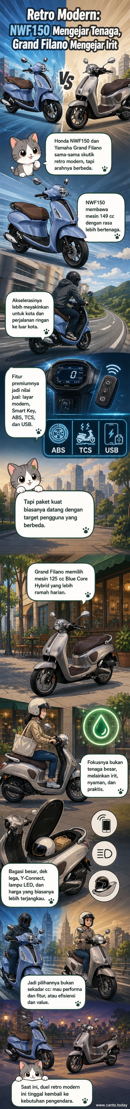 Ilustrasi dua skutik retro modern berdampingan: Honda NWF150 di sisi kiri dengan desain sporty dan Yamaha Grand Filano di kanan dengan gaya elegan Eropa.