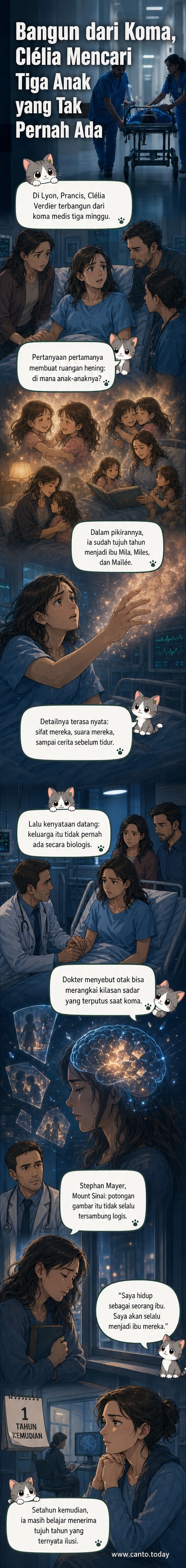 Ilustrasi wanita terbaring di rumah sakit dengan bayangan tiga anak perempuan di sekitarnya, menggambarkan memori palsu yang dialaminya selama koma.