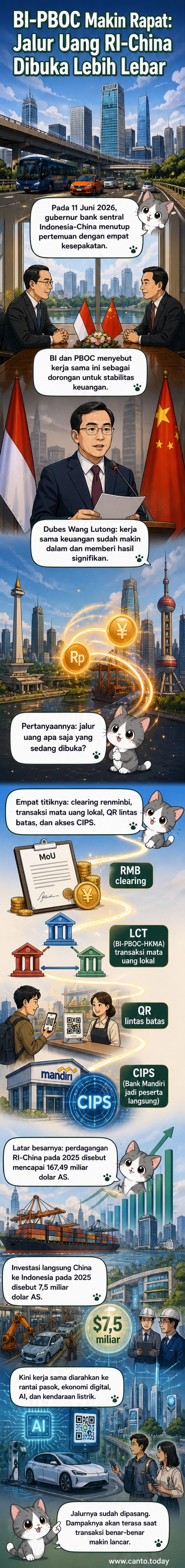 Ilustrasi dua bank sentral Indonesia dan China berkolaborasi, dengan simbol mata uang dan sistem pembayaran digital yang terhubung lintas negara.