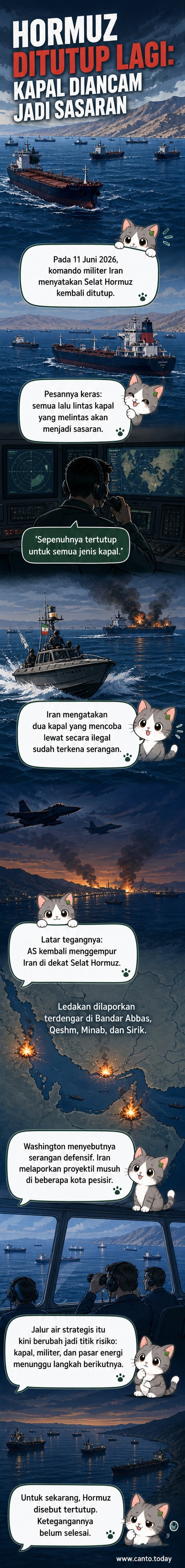 Peta Selat Hormuz dengan kapal-kapal dan simbol ledakan, menggambarkan ketegangan militer antara Iran dan AS