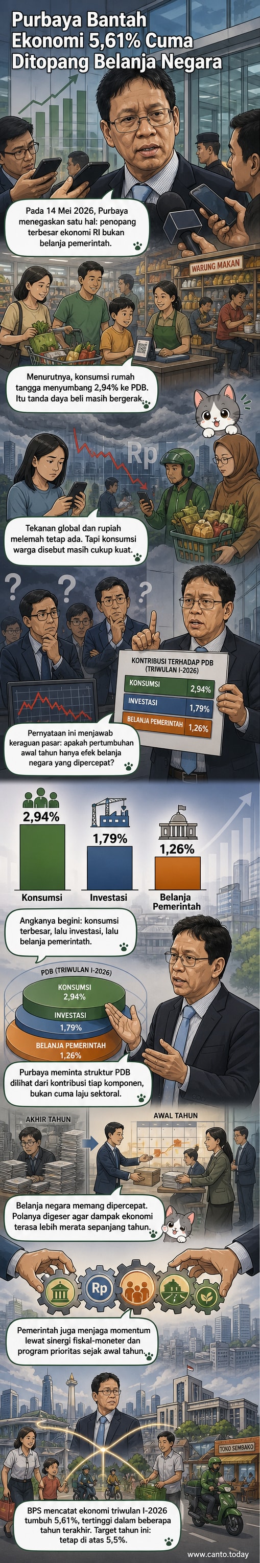 Ilustrasi rumah tangga berbelanja di pasar modern, dengan grafik pertumbuhan ekonomi di latar belakang, simbol daya beli dan PDB.