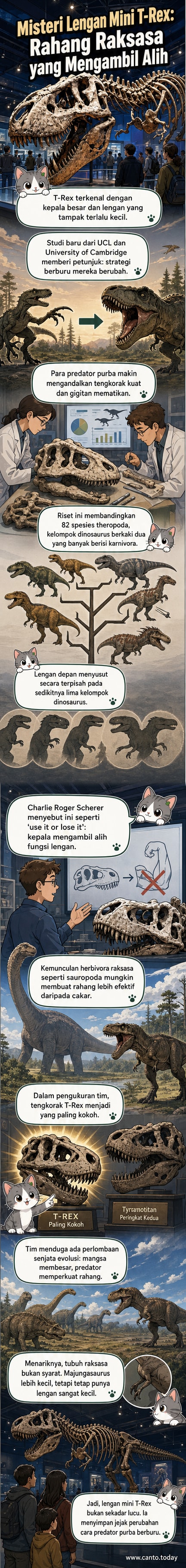 Ilustrasi dinosaurus T-Rex dengan kepala besar dan lengan kecil, menunjukkan perbandingan ukuran tubuh dan penekanan pada evolusi rahang kuat sebagai alat berburu utama.