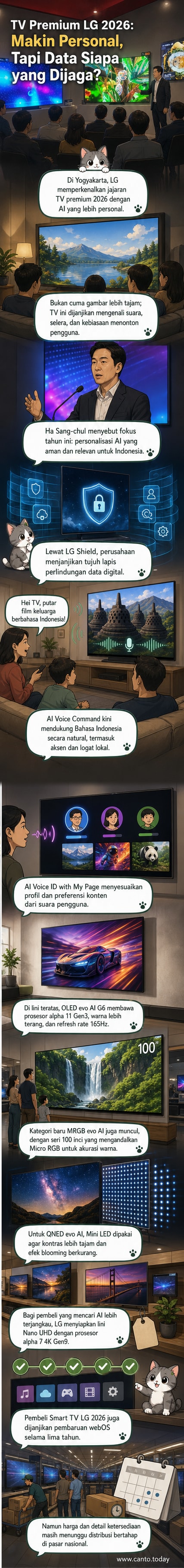 Acara peluncuran TV premium LG di Yogyakarta dengan latar belakang layar OLED tipis yang menempel rata di dinding, menampilkan visual warna-warni tajam.