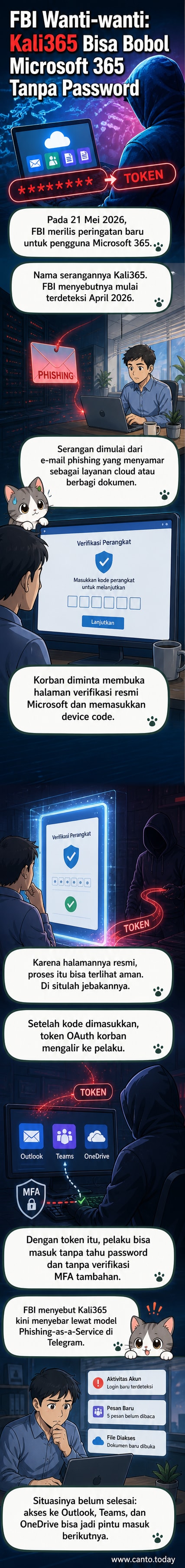 Ilustrasi peretas dengan topeng digital mencuri token akses dari layar laptop yang menampilkan logo Microsoft 365 dan kode verifikasi.