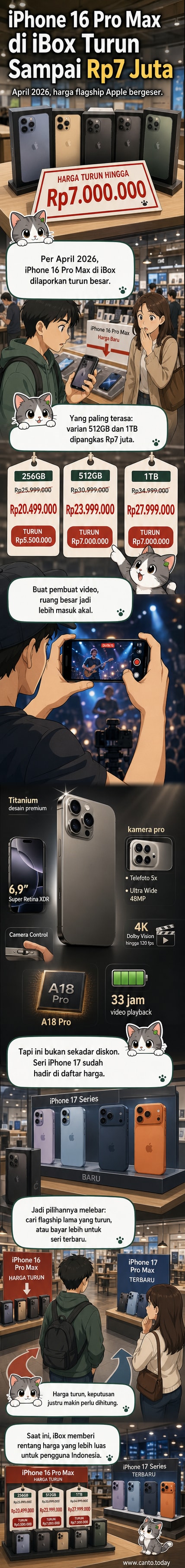 Ilustrasi iPhone 16 Pro Max dengan harga lama dan baru ditampilkan secara berdampingan, menunjukkan penurunan harga hingga Rp7 juta di gerai iBox.