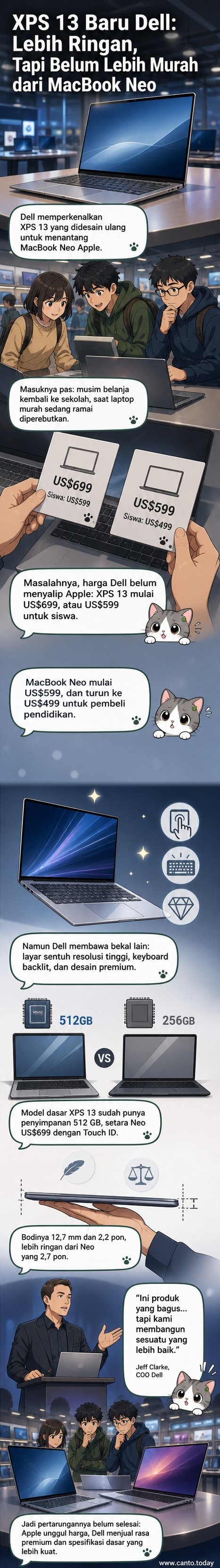 Ilustrasi samping dua laptop tipis: Dell XPS 13 dan Apple MacBook Neo, dengan panah membandingkan bobot dan layar sentuh.