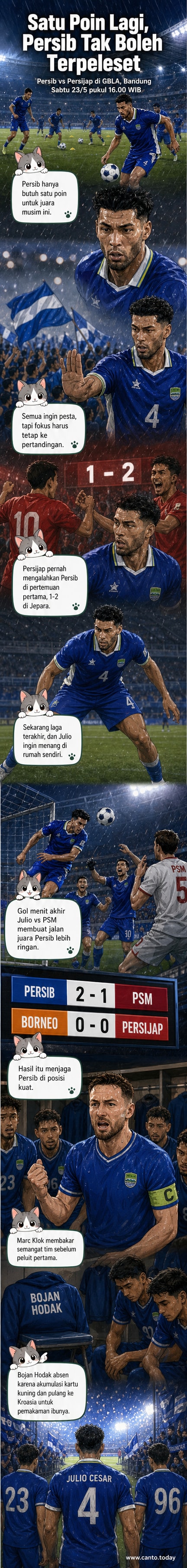 Pemain Persib Bandung berteriak semangat di lapangan, dengan latar stadion penuh suporter dan bendera biru Persib berkibar.