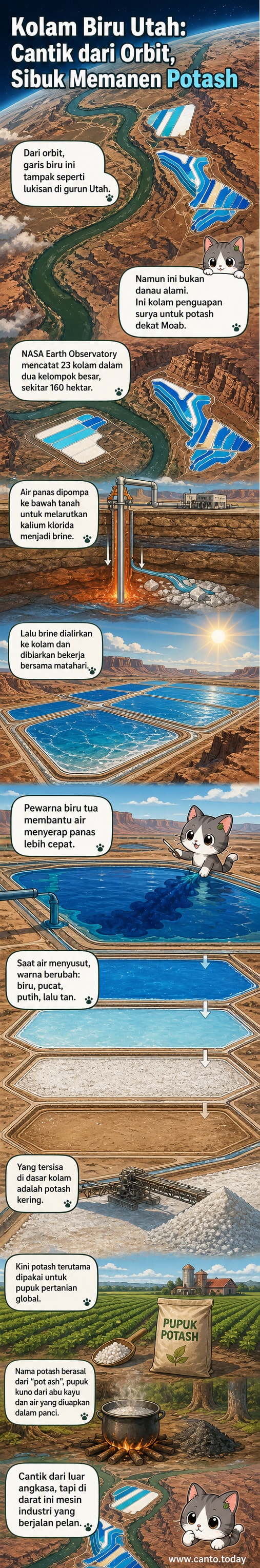 Foto dari luar angkasa menunjukkan deretan kolam berwarna biru cerah dan hijau di gurun Utah, berdampingan dengan kelokan Sungai Colorado.