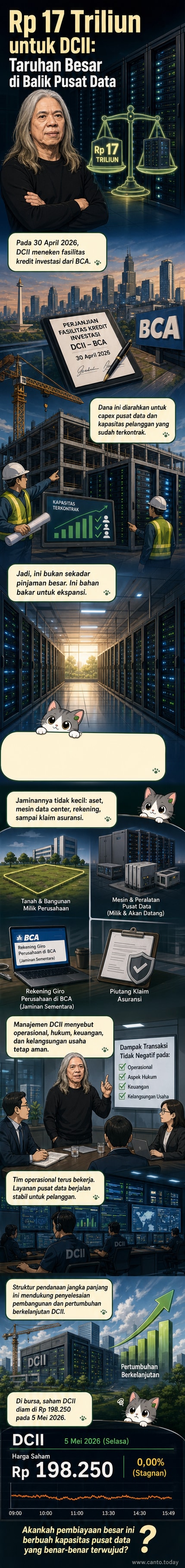 Ilustrasi gedung pusat data modern dengan logo DCI dan BCA, serta uang digital mengalir sebagai simbol kredit Rp 17 triliun.